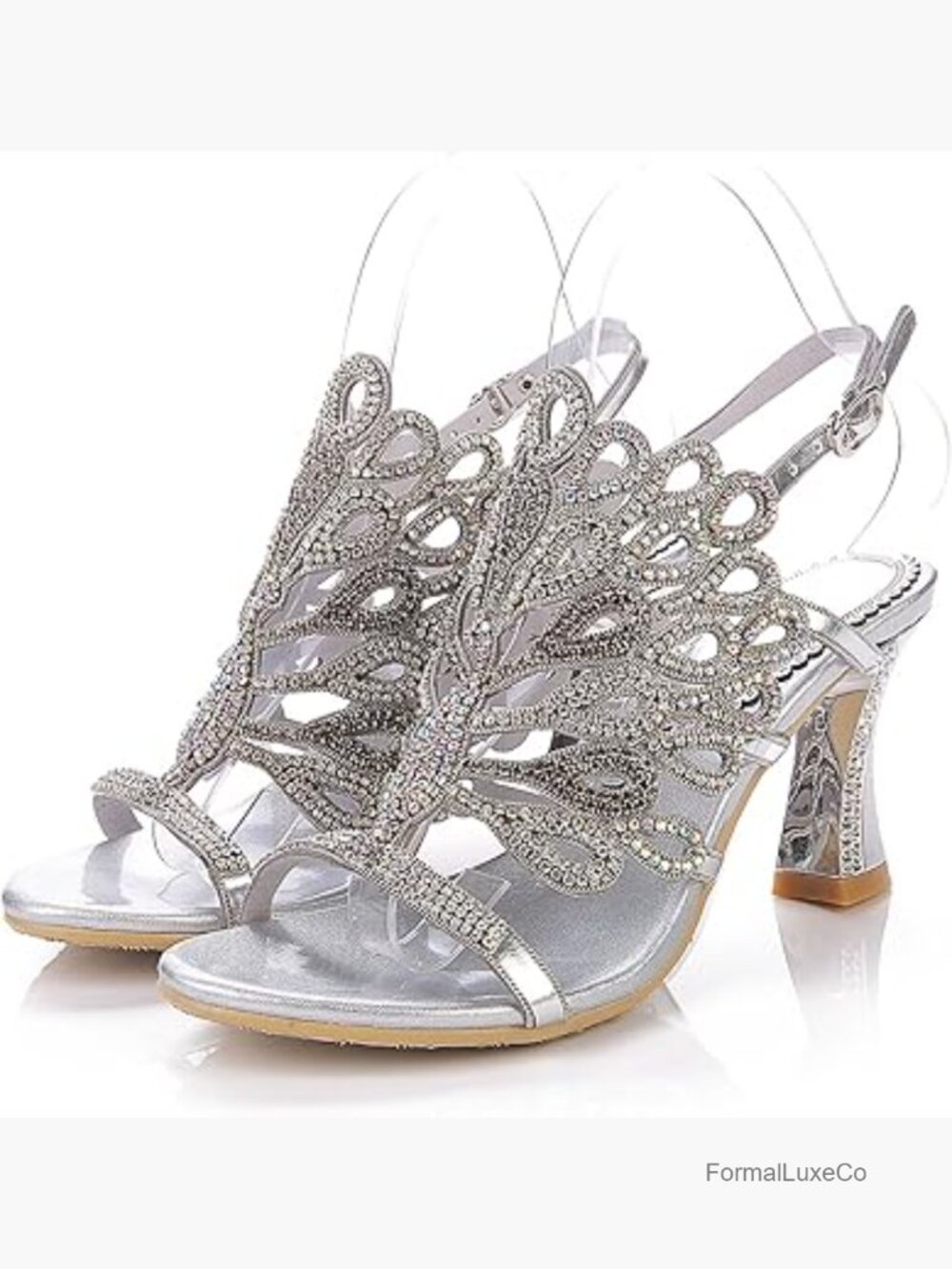 Rhinestone Peacock Patterned Sandals with Chunky Heel